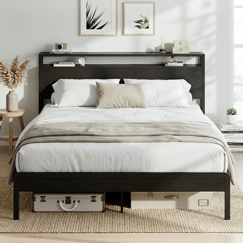 Image of LIKIMIO Full Bed Frame with Headboard, Dark Wood Camas Full with Strong Supports, Sturdy, Noise-Free, No Box Spring Needed, Classic Black