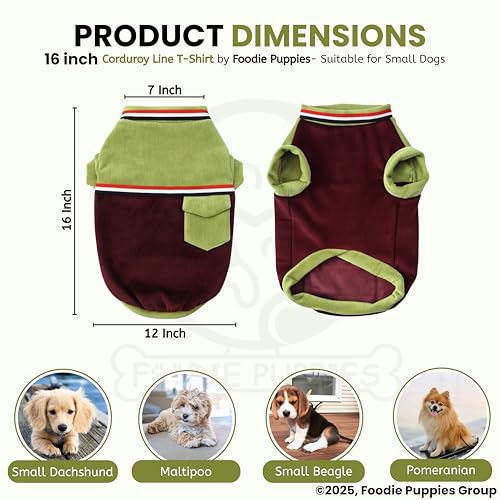 Image of Foodie Puppies Corduroy Line Velvet Pocket T-Shirt Warm Sweater Jacket - (16 inch, Olive & Maroon) for Small Breeds Dogs | Soft, Lightweight Pet Apparel | Stylish, Comfortable, Durable, Stretchable