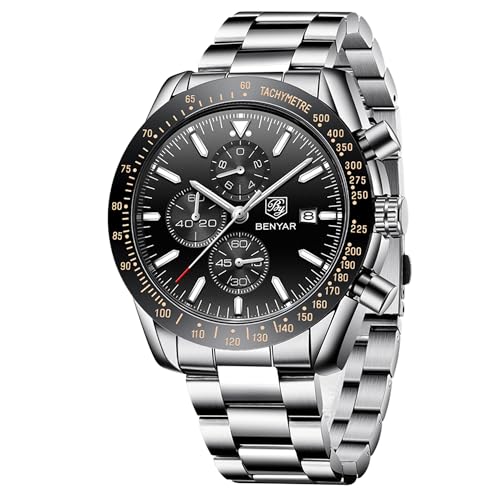 BY BENYAR メンズ腕時計 クロノグラフ アナログ クォーツムーブメント スタイリッシュ スポーツ デザイナー 腕時計 30m 防水 エレガント 父の日 ギフト, ライトブルー, クロノグラフ、クォーツムーブメント