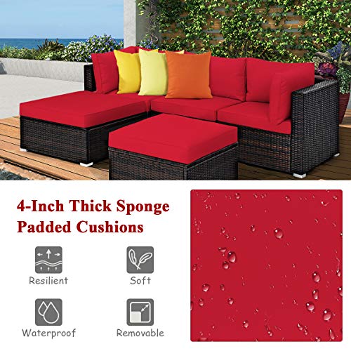 Tangkula 5 Piece Patio Furniture Set, Outdoor Sectional Rattan Sofa Set With Cushions And Coffee Table, Suitable For Backyard Porch Garden Poolside And Deck, Wicker Conversation Set (Red) #TOP5