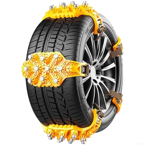 Lot de 4 chaînes à neige pour voiture avec clous en acier et boucles de sécurité réglables pour la traction des pneus sur routes glacées, sentiers boueux et terrains montagneux (jaune)