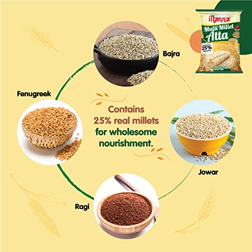 Image of Manna Multigrain Atta /Multi Millet Atta 3Kgs | Certified Low GI Wheat Flour with 25% Millets | High Protein & Fibre | Diabetic Friendly |For Weight Loss (3X1Kg Packs)