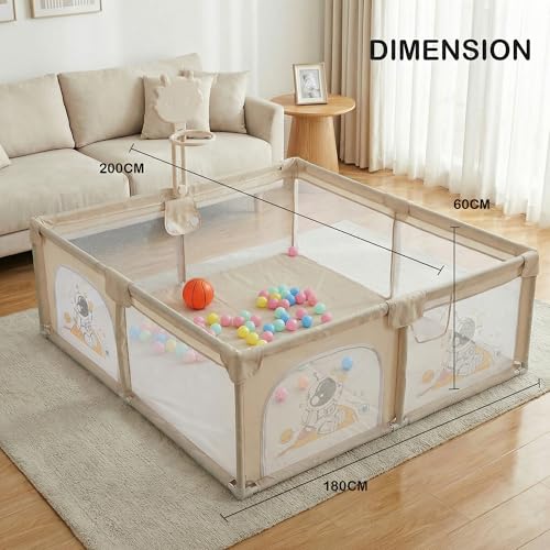 Image of Baybee 200 x 180 CM Kids Playpen for Babies with Basket Ball Hoop | Baby Play Area Indoor Setup with Colourful Balls, Zipper Door & Toys Pouch | Kids Activity Play Gate Fence with Corner Protection | Outdoor play pen for baby for 0 - 5 years Boys Girls (Beige)