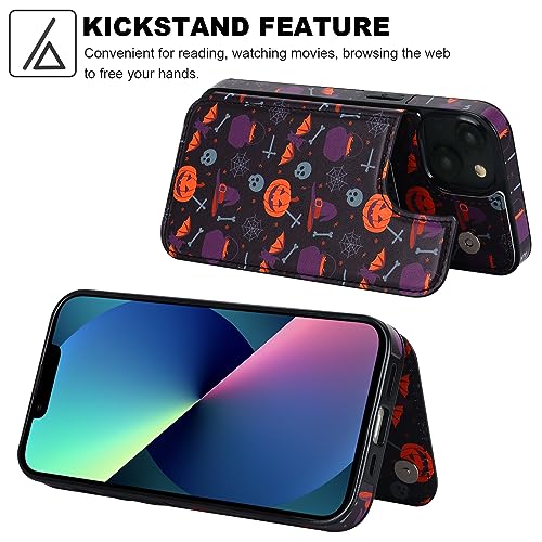 Image of HAOPINSH for iPhone 13 /14 Wallet Case with Card Holder, Halloween Pumpkin Pattern Back Flip Case PU Leather Kickstand Card Slots Case for Women Girls, Double Magnetic Clasp Shockproof Cover 6.1 inch