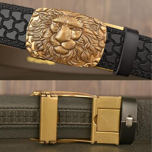 Mens Ratchet Belt, Leather Western Cowboy Belts for Men with Lion Head Square Alloy Buckle Embossed Belt4