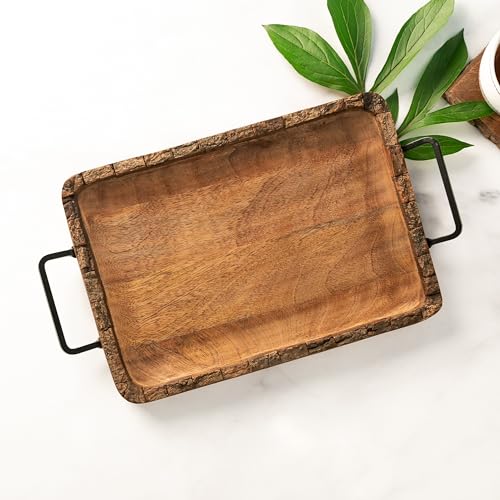 Image of Premium Mango Wood Serving Tray with Handles - Rustic Wooden Tray for Kitchen, Dining, Coffee, Snacks & Home Decor - 14x9 Inch Rectangle Wooden Tray
