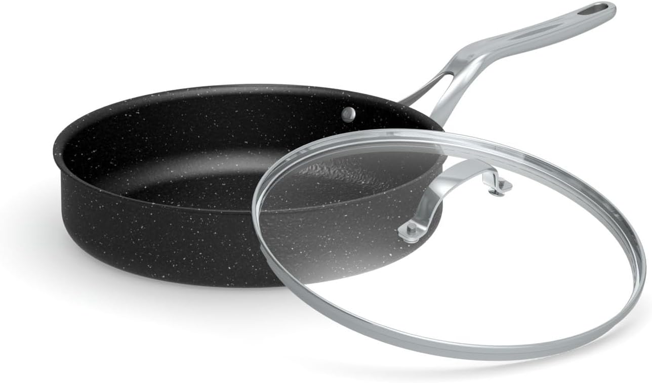 Starfrit THE ROCK 11" Deep Fry Pan with Glass Lid and Stainless Steel Handles, Black 11" Deep Fry pan with Lid