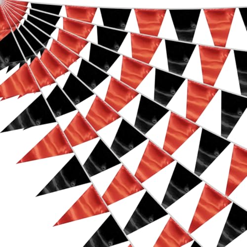 Image of 130FT Red Black Triangle Pennant Banner Flag Metallic Fabric Bunting Garland for Christmas Graduation Bachelorette Anniversary Birthday Engagement Wedding Anniversary Casino Party Decorations Supplies