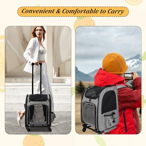 mumisuto Transportbox Katze mit Rädern 360° Drehbar, Transportbox Hund mit Taschen, Hundewagen Trolley-Rucksack, Tragbar und Atmungsaktiv, für kleine Hunde und mittelgroße Katzen bis zu 15 KG