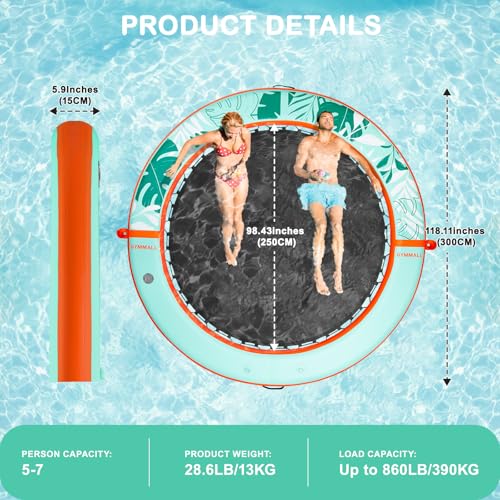 Image of Inflatable Water Hammock Floating Dock 8 FT with Mesh, Tanning Pool Raft Round Ring for Adults, Float Platform for Lake and Beach with Water Ladder and Cup Holder