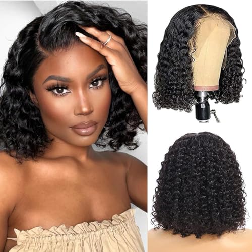 Short Bob Wig Human Hair 13x4 Deep Curly Bob Lace Wigs Human Hair Brazilian Virgin HD Transparent Pre Plucked Lace Front Wig 150% Density for Women Natural Colour 8 Inches (20cm)