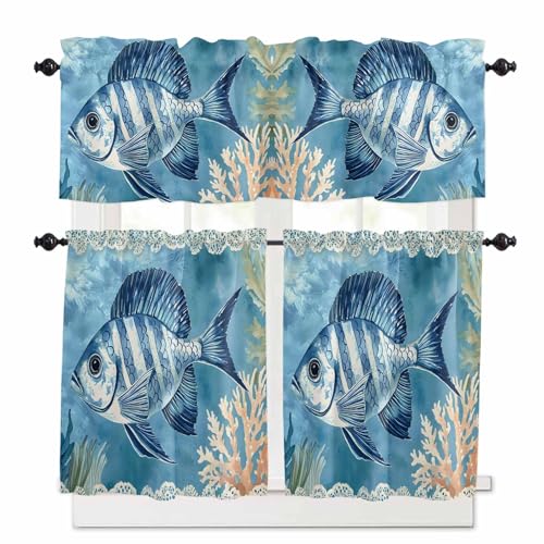Ocean Blue Fish Kitchen Curtains 24 Inch Length, 3 Piece Rod Pocket Small Half Tiers and Valance Set, Summer Coastal Coral Seaweed Small Large Window Treatment Decor for Bedroom/Bathroom Sink