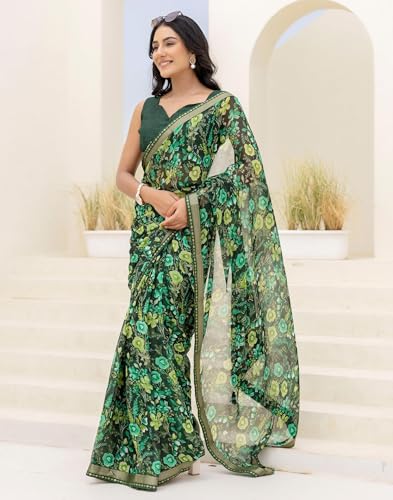 Image of SIRIL Women's Chiffon Printed Saree With Unstitched Blouse Piece