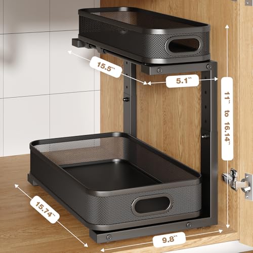 Image of 2 Pack 15.7IN-Depth Under Sink Organizer With Smooth Cylindrical Rail,2-Tier Pull Out Multi-Purpose Cabinet Storage for Bathroom&Kitchen,Height Adjustable,Rust-resistant Coating-Black