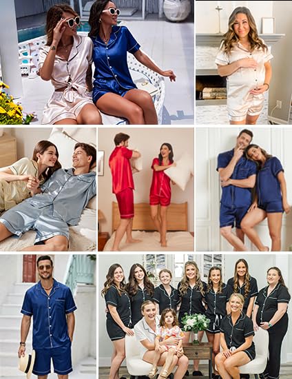 Image of Ekouaer Couple Matching Pajamas Sets Silk Short Sleeve Button Down Sleepwear Satin Pjs Shorts Set Soft Loungewear S-XXL