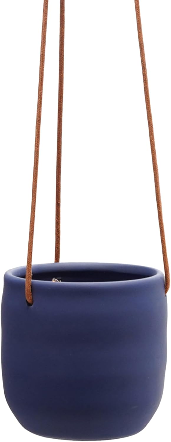 Bloomingville Hanging Stoneware Planter with Leather Rope Hanger, Latex Finish, Navy Blue