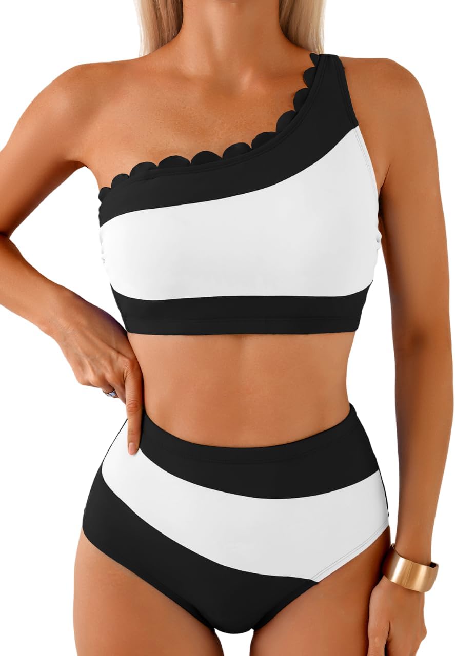 Herseas Women's One Shoulder Petal Edges Bikini Sets Color Block Swimsuits High Waisted Bathing Suits