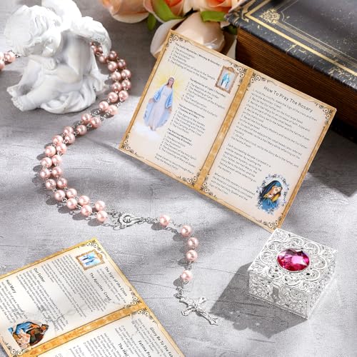 Quelay Rosary Beads Catholic for Women Pearl Rosary Catholic Necklace with Pray Card First Communion Gifts3