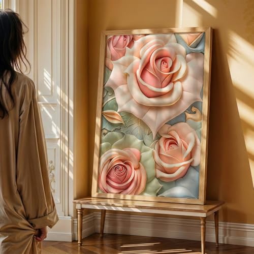 Image of NoWorries 3D Rose Floral Wall Painting with Frame Set of 1 | Premium Textured Pastel Flower Artwork, Luxury Botanical Nature Wall Decor for Living Room, Bedroom, Office and Home Decoration (3d Art-2,13x19inch)