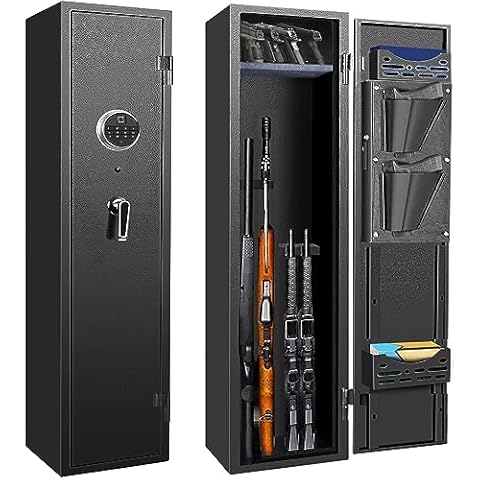 LANGGER V 2024 New and Improved Biometric Rifle Safe, Quick Access 2-4 Guns Fingerprint Shotgun Security Cabinet for Rifle with 180-Degree Full Access Door and Removable Storage Shelf Cover