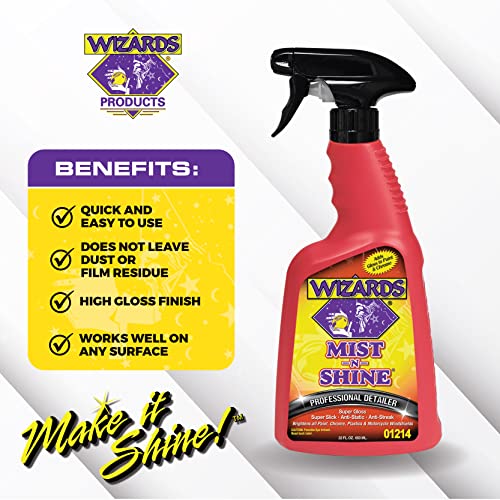 Wizards Mist-N-Shine Professional Detailer - Multi-Use Glass Cleaner And Scratch Remover For Vehicles - Adds Gloss To Paint, Chrome And Glass - 22 Oz Detail Spray - Made In Usa #TOP1