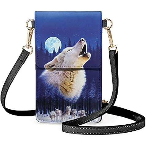 NETILGEN Howling Wolf Phone Bag and Wallet for Women Girls, Fits Most Cellphones, PU Leather Crossbody Pouch Bag, Small Messenger Bag Cover