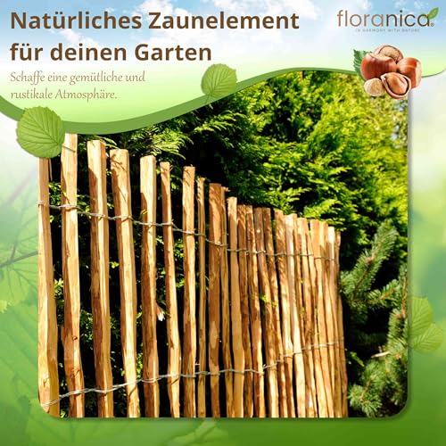 Floranica Staketenzaun aus Haselnuss 5 m lang x 100 cm hoch, Lattenabstand 4-6 cm Rollzaun Gartenzaun Gartenbegrenzung, Hundezaun