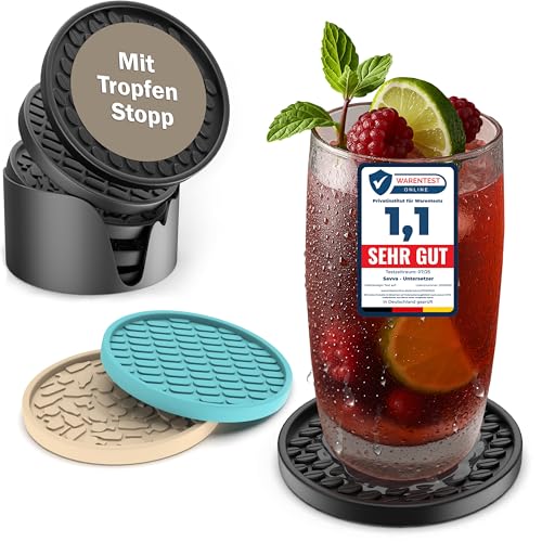 TESTNOTE SEHR GUT Gläser Untersetzer mit Tropfen Stopp, Spülmaschinenfest, Extra Dickes & rutschfestes Silikon - Getränkeuntersetzer, Cocktails, Tassen, Kaffee, Tee, 6er Set