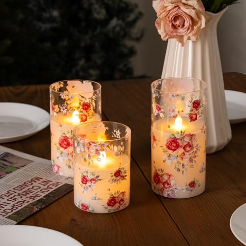 Image of Rose Flameless Candles Set of 3 - Glass Battery Operated Candles with Remote, Flickering Floral Flameless Candle for Wedding, Home, Party Gift