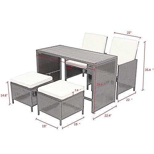 Image of Wisteria Lane 5 Pcs Patio Furniture Dining Set Outdoor All-Weather Square Wicker Dining Table and Chairs with Ottoman Cushioned Stool,Grey Wicker