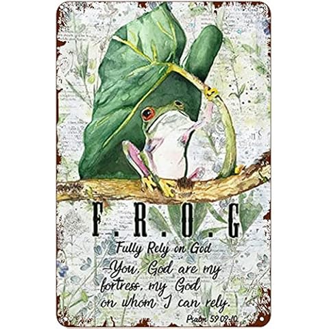Krouterebs Frog Fully Rely On God Vintage Style Metal Tin Sign Home,Living Room,Kitchen,Dining Room,Bedroom,Farmhouse,Wall Decoration 6" x 8" Cover