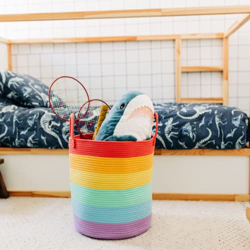 Image of OrganiHaus Rainbow Laundry Basket & Hamper, Nursery Playroom 52L | Rainbow - Rainbow Cotton Rope Hamper, Nursery 52L