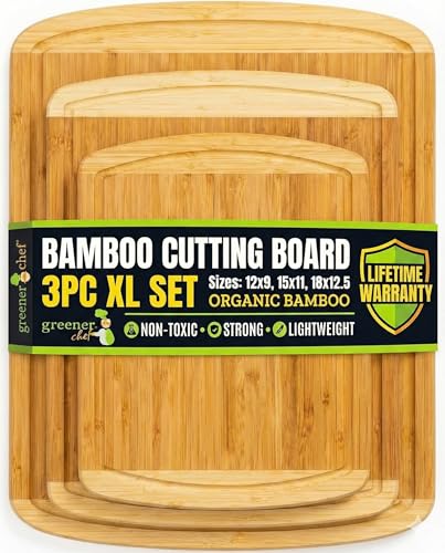 Organic Bamboo Cutting Board Set of 3 with Lifetime Replacements – Premium Extra Large Wood Cutting Boards for Kitchen with Juice Grooves for Carving & Serving, Non Toxic & Durable by Greener Chef