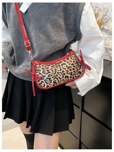 Women's Y2K Leopard Bowknot Crossbody Bags Studded Zipper Adjustable Strap Shoulder Handbags Purse3