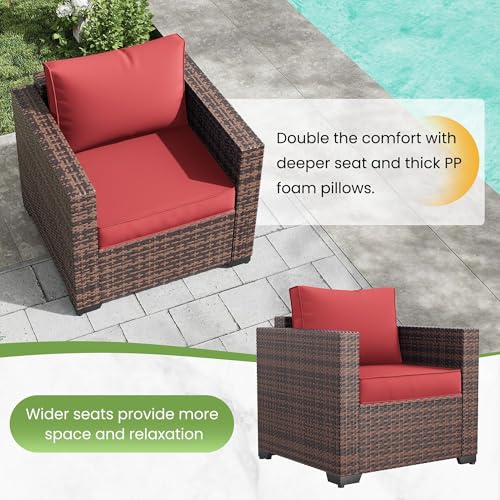 Image of Amopatio Wicker Outdoor Sofa Single Armrest Chair 2 Pack, High Back Waterproof Patio Furniture with Non-Slip Cushions, Outdoor Furniture Cover, Burgundy