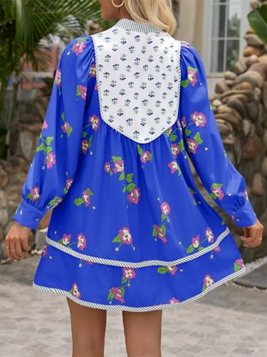 Image of Wenrine Womens Casual Floral Mini Dress Fall Long Sleeve V Neck Patchwork Loose Boho Shirt Dresses