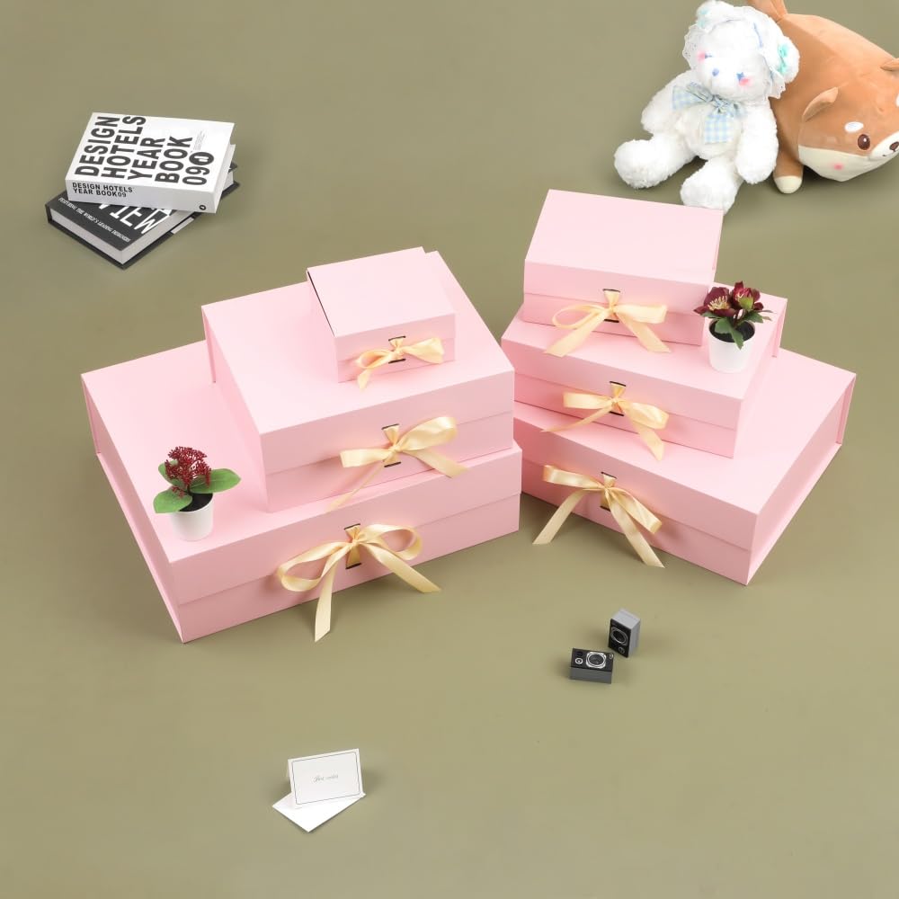 BoxSkivra Pink Gift Box with Ribbon 1 Pack 6X6X3 Inch Small Gift Box with Lid Magnetic Closure Rectangle Collapsible Luxury Gift Boxes for Mother's Day、Birthdays、Shredded Paper Filler & Card