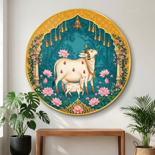 Image of SAF Sacred Cow Calf Wall Painting Round PVC Golden Frame Kamdhenu Spiritual Art Lotus Temple Design for Living Room Bedroom Office Home Wall Decor (23 x 23 Inch) GR-404