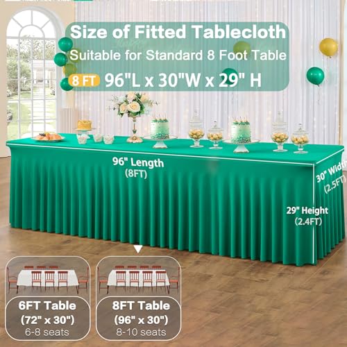 Image of 3 Pack Emerald Green Spandex Tablecloth for 8 Foot Rectangle Tables, Wrinkle Free Fitted Table Cloth Cover 8ft Green Stretchy Tablecloths with Skirt for Parties Weddings Birthday Banquet Baby Shower
