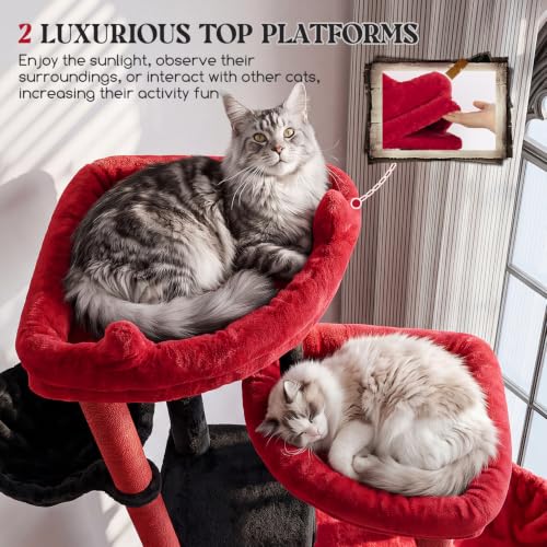 Image of Globlazer Cat Tree Tower for Indoor Cats, Sturdy Adult Cat Tree House for Large Adult Cats with 2 Platform, 6 Cat Scratching Post, 2 Cat Caves, Dangling Toys, S63, 63 inch, Red Black