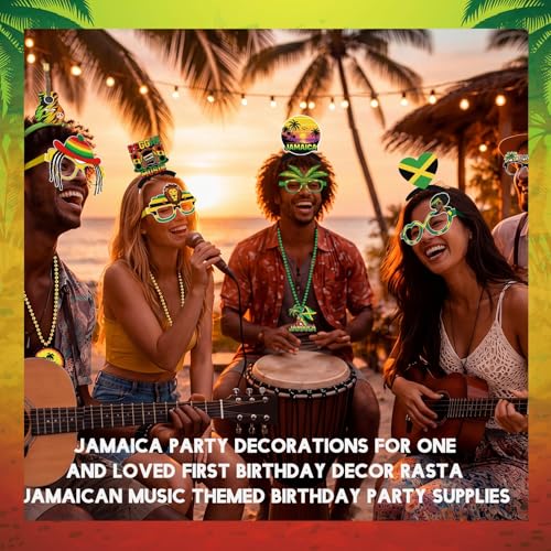 Image of Kenning 36 Pcs Jamaica Party Decorations 12 Beaded Necklaces 12 Headbands 12 Reggae Theme Paper Eyeglasses Prop Accessories Tiaras for Jamaican Festival Reggae Birthday Decor Flag Party Supplies