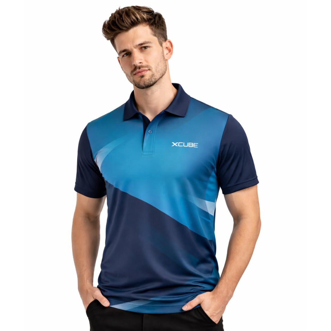 xcube Sports T-Shirt, Men's Polo, Navy Blue and Turquoise Design for Gym, Cricket, Golf, Tennis & Casual Wear-picture-13