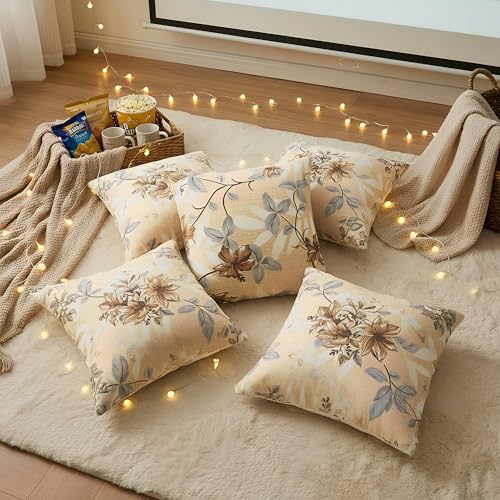 Image of Clasiko 16x16 Cushion Covers - Set of 5 Soft Cotton-Feel Decorative Pillow Covers | Golden Blossom, Flap Closure, Perfect for Sofa & Living Room