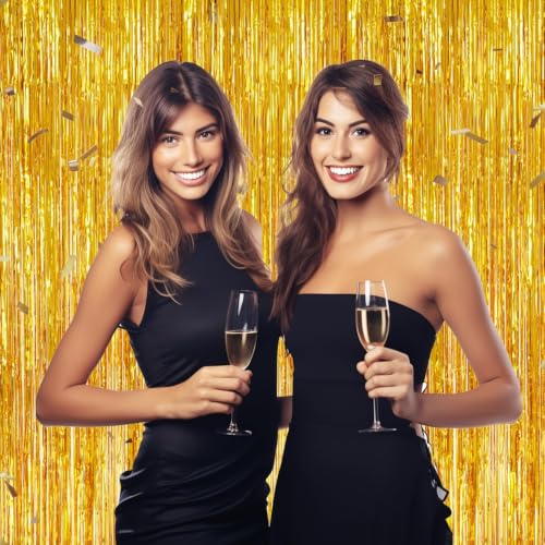 Image of DECOCKRAT 3 Pack Foil Fringe Backdrop - Gold Shiny Tinsel Curtains for Party Decoration /Photo Booth Props - 3.3x8.2 FT Metallic Foil Backdrop for Birthday, Wedding, Graduation, Christmas.