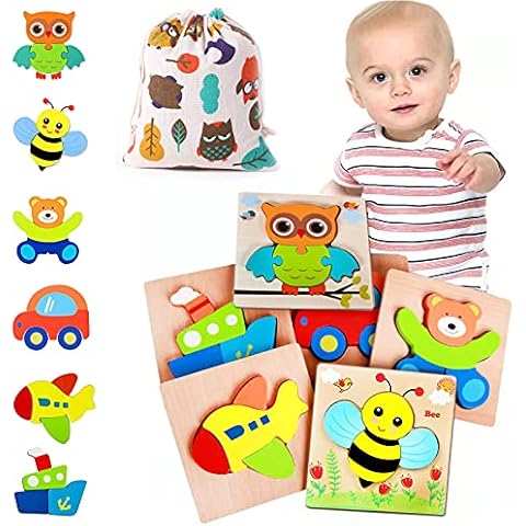 DuLaSeed Wooden Puzzles Toys for 1 2 3 Year Old Boys Girls Toddlers, 6 Packs Jigsaw Puzzles Montessori Toys with Storage Bag, Learning Educational Toy for Baby Kids Child in Christmas Birthday Cover