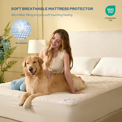 Image of BEDLORE Waterproof Mattress Protector, Queen Size Noiseless Mattress Pad with Deep Pocket 6 inch-18 inch Depth, Soft Breathable Bed Mattress Cover Washable for Home, Bedroom, Hotel (Beige)