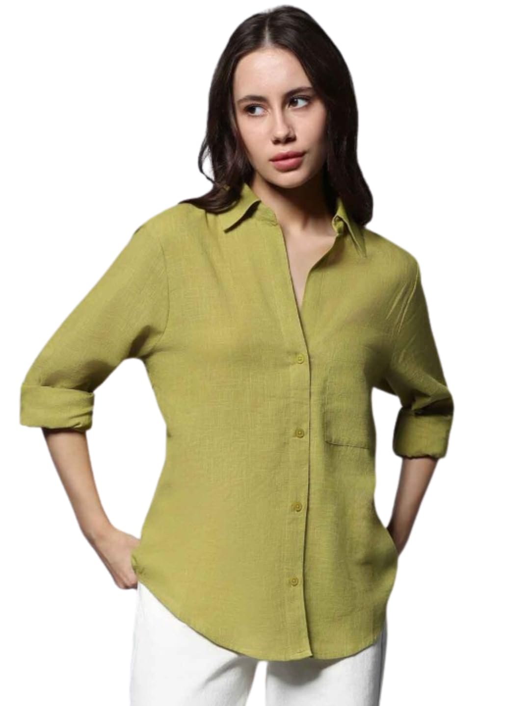 fab star- look great feel great. Long Sleeves Solid Cotton Oversized Casual Shirt Green-picture-43
