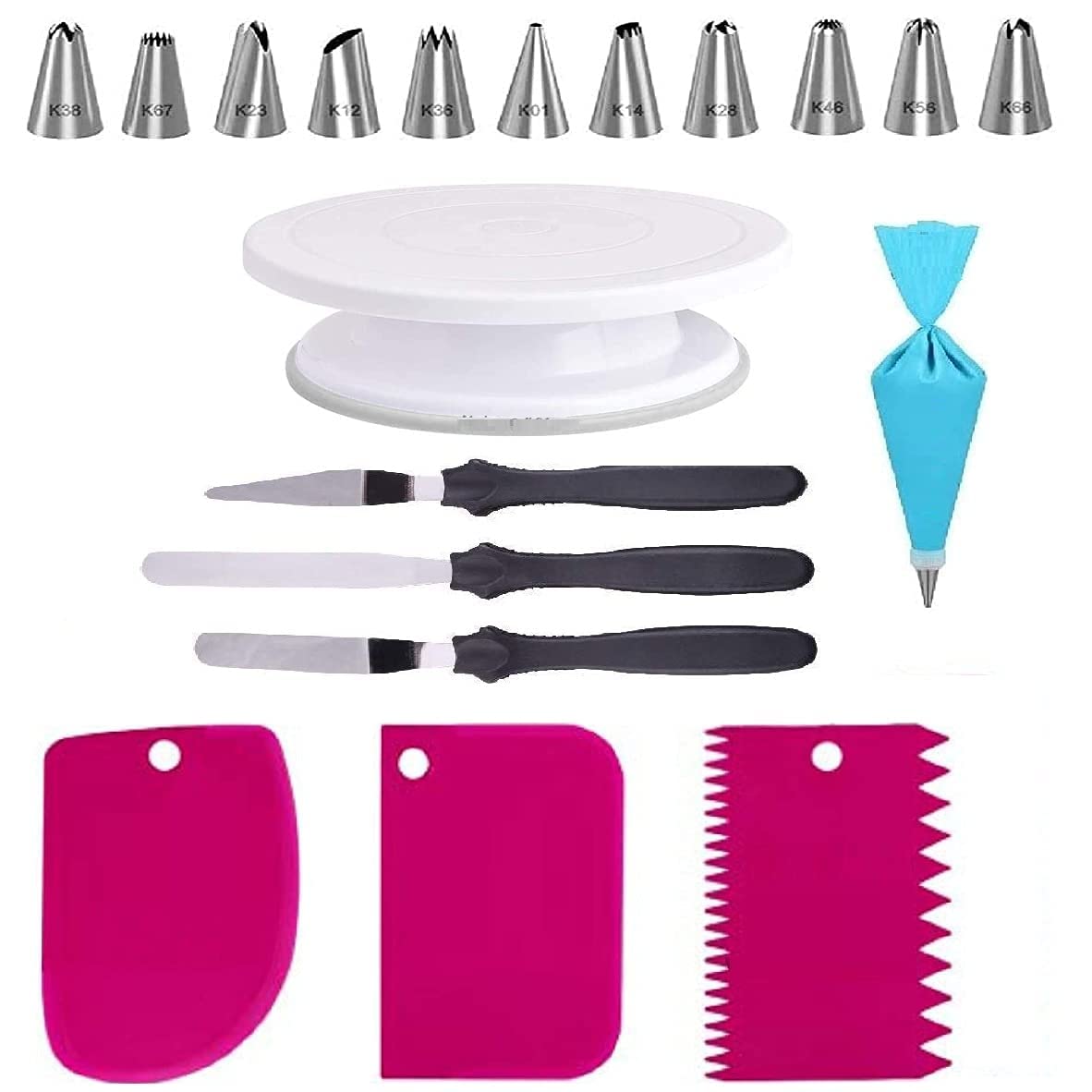 SIYA Cake Decorating Items Plastic Baking Tools Set Cake Turning Table, 12 Numbered Cake Decorating Tips, 3 Icing Spatula, 3 Icing Smoother, 1 Silicone Piping Bag, and 1 Coupler(Multi Colored)