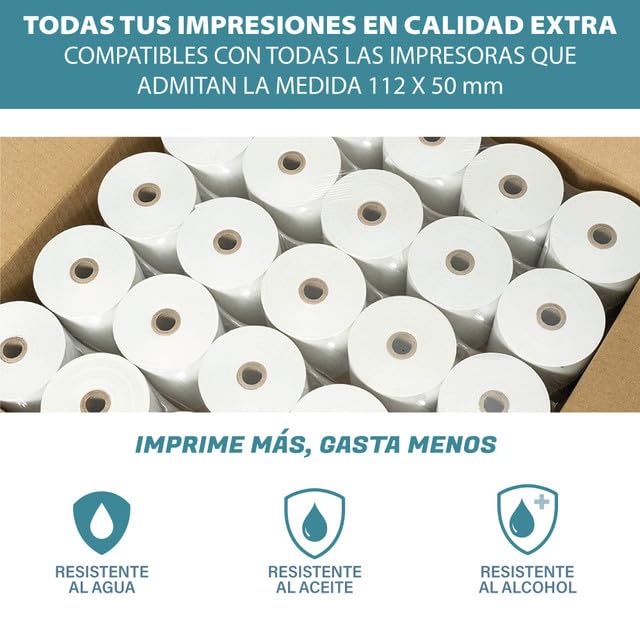 Papel Térmico 112x50mm - 50 Rollos Papel Impresora Térmica - Papel Tickets | Papel Compatible con Impresora, Caja Registradora y Básculas, Sin Bisfenol A, 60 Gr, 75 Metros/Rollo, La Casa del TPV