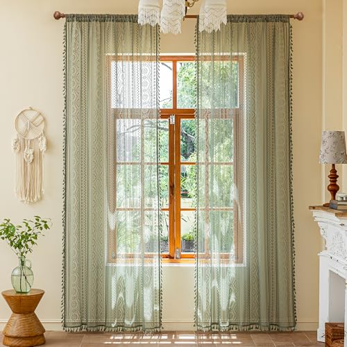 Image of MYSKY HOME Boho Lace Sage Green Sheer Curtains 2 Panels Set 84 inch Long Vintage Floral Crochet Pattern Privacy Rod Pocket Tassels Small Windows Spring Curtains for Living Room Bedroom, 55 inch W